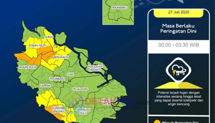 BMKG Riau Keluarkan Peringatan Dini Cuaca Ekstrem, Potensi Hujan Lebat Disertai Petir dan Angin Kencang