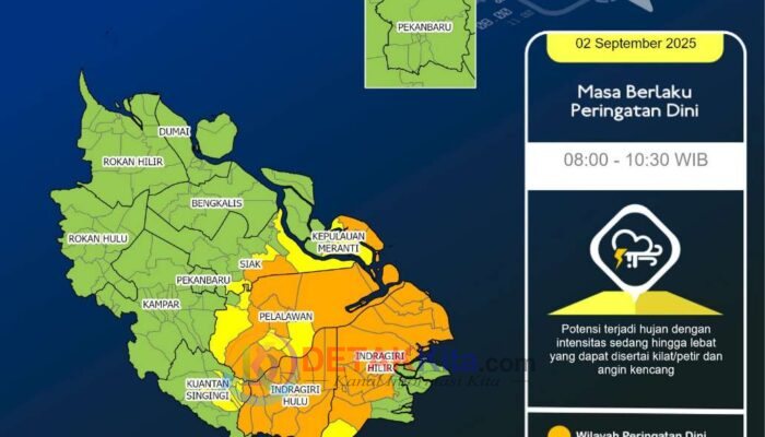 BMKG Riau Keluarkan Peringatan Dini, Hujan Lebat Disertai Petir dan Angin Kencang Berpotensi Terjadi