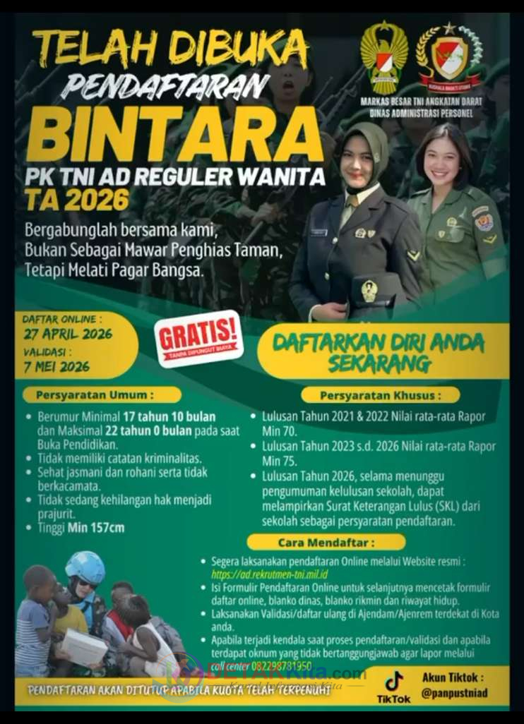 TNI AD Buka Rekrutmen Kowad 2026! Catat Tanggalnya—Gratis Tanpa Pungutan — Ini Syarat Lengkap dan Tahapan Seleksinya
