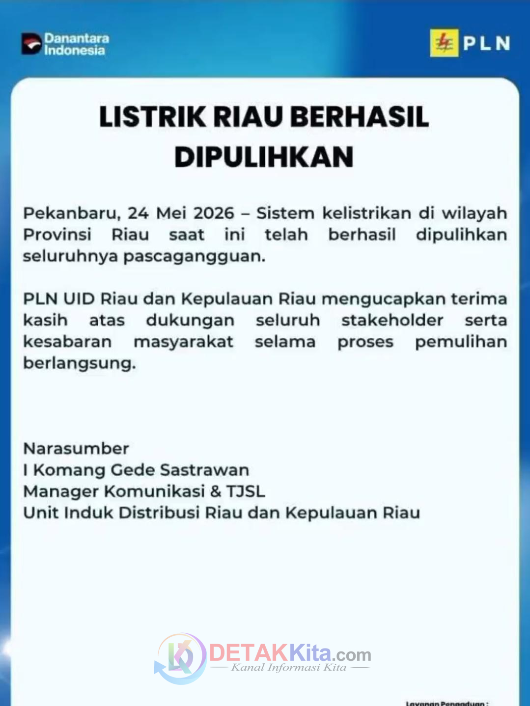 PLN Klaim Listrik Riau Pulih Total — Masyarakat Diminta Tetap Waspada Gangguan Susulan
