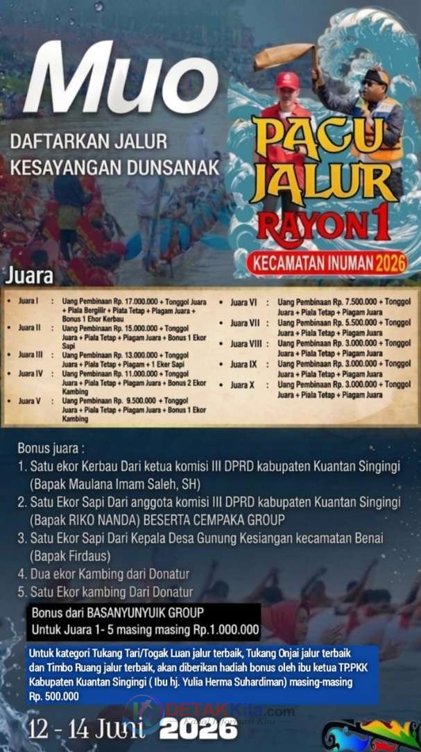 Bonus Menggiurkan di Pacu Jalur Rayon I Inuman — Ketua TP PKK Kuansing Siapkan Penghargaan Khusus untuk Tukang Tari—Onjai dan Timbo Ruang Terbaik